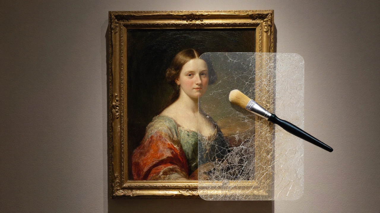 A 50-year-old oil painting preserved with modern varnish, colors vivid under gallery light.