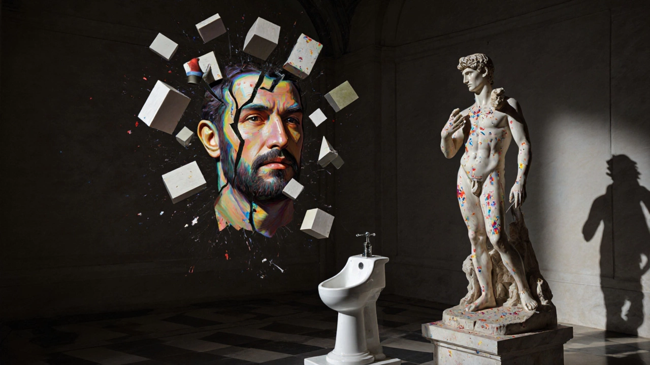 A Picasso portrait breaking into geometric shapes beside a cracked David statue, with a urinal on display.