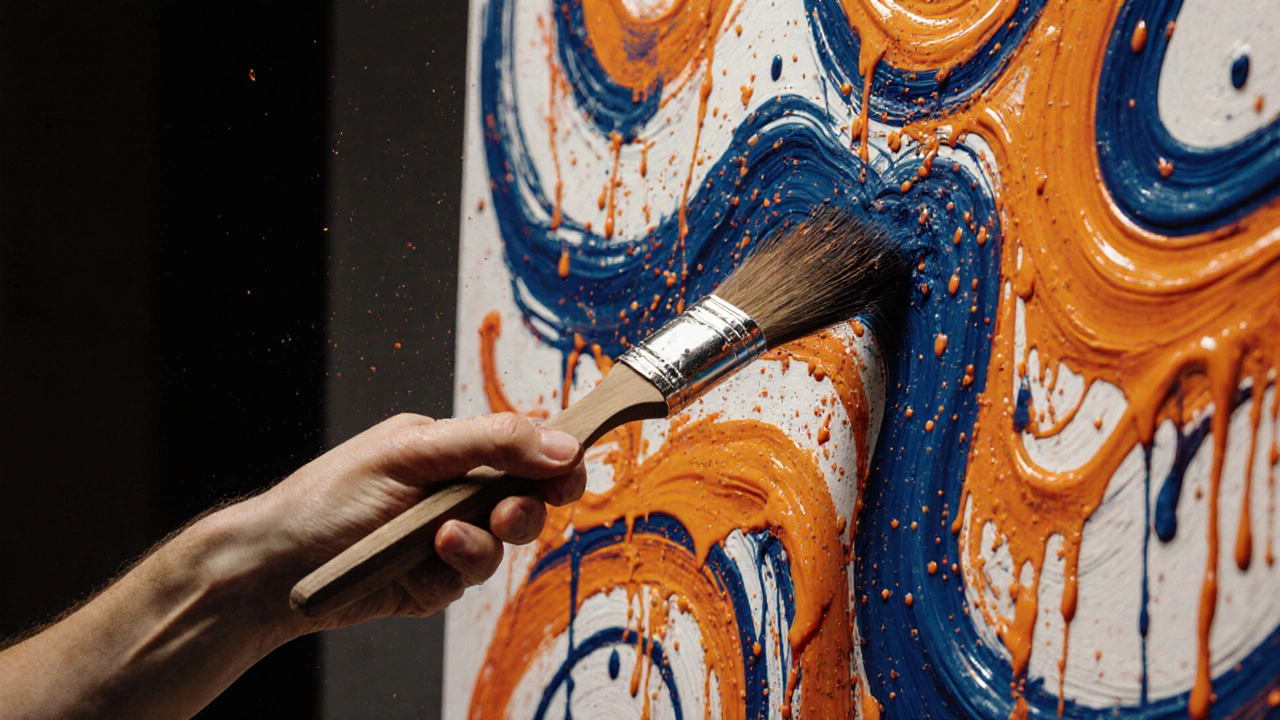 Artist's hand flinging bright acrylic paint onto a canvas in a dynamic drip style.