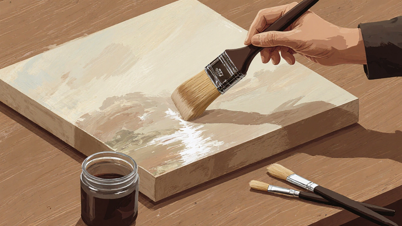 Artist carefully applying synthetic varnish with a soft brush to a finished oil painting.