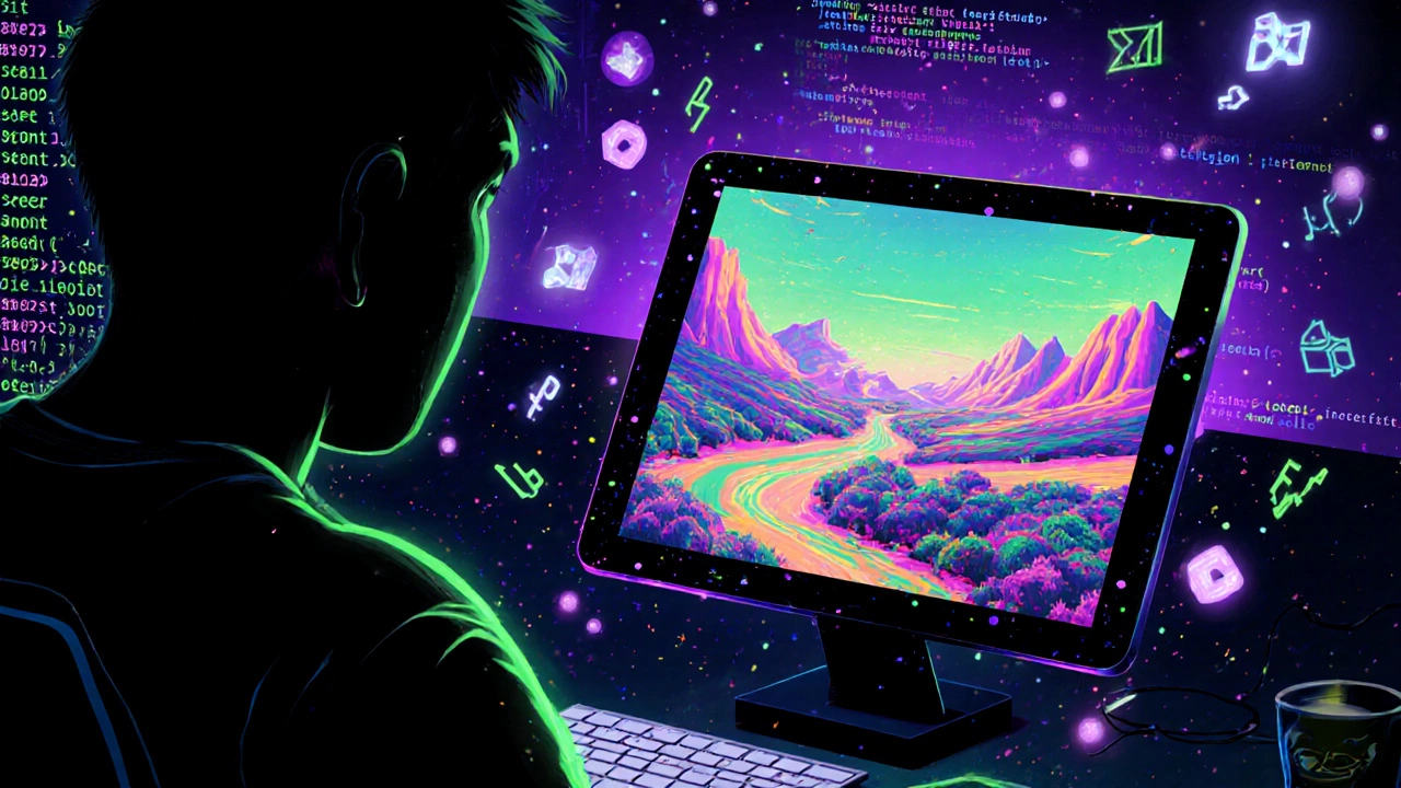 Artist’s workstation with code and AI‑generated image swirling around a tablet.