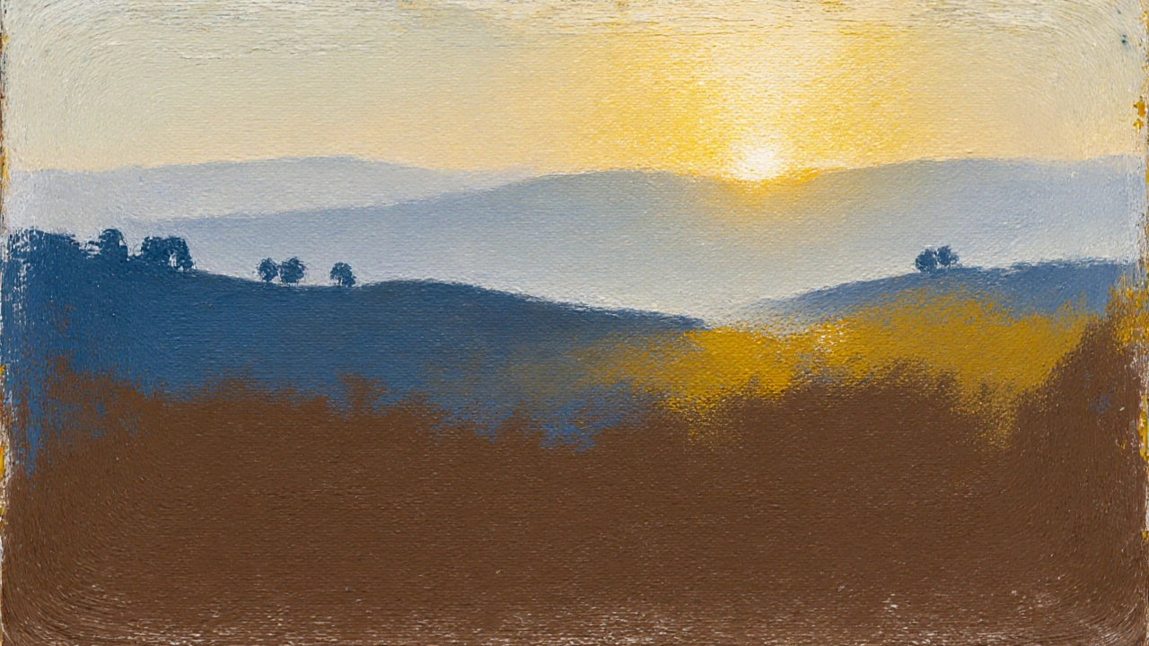 Canvas with thin underpainting of sky and hills using limited earthy colors.