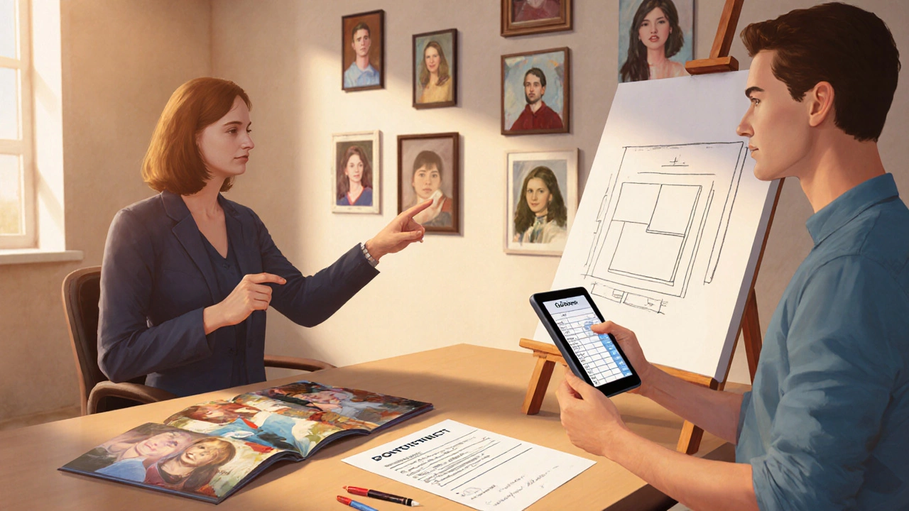 Client and artist discussing a portrait commission with a cost calculator and contract on the table.
