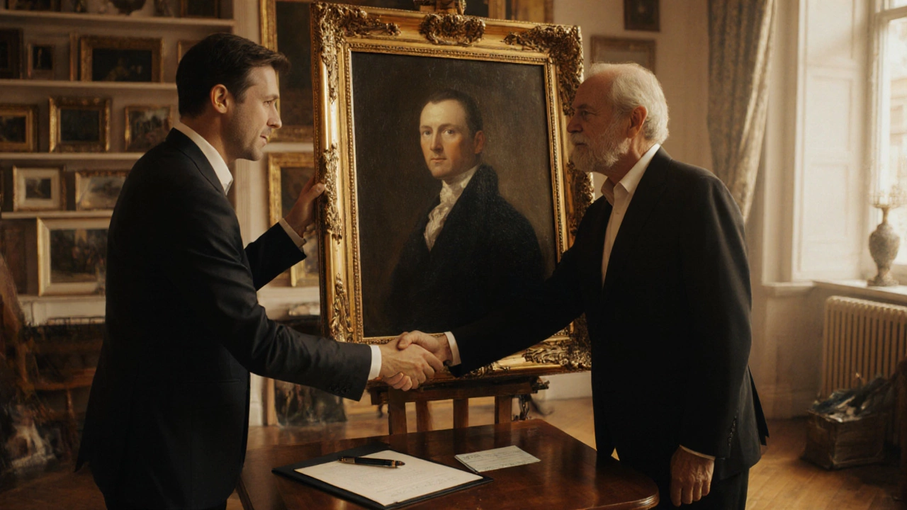 Client receiving a framed oil portrait with contract and artist handshake.