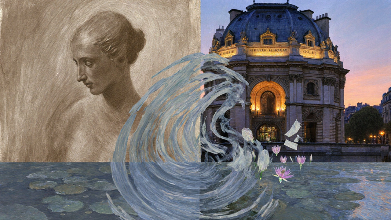 Collage linking Manet&#039;s brushwork to Monet&#039;s impressionism and Picasso&#039;s cubism, set against Musée d&#039;Orsay at dusk.