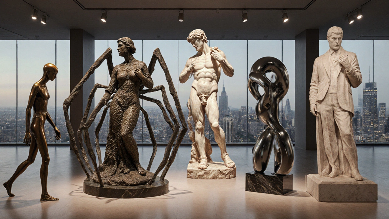 Collage of five famous sculptures displayed together in a modern gallery.