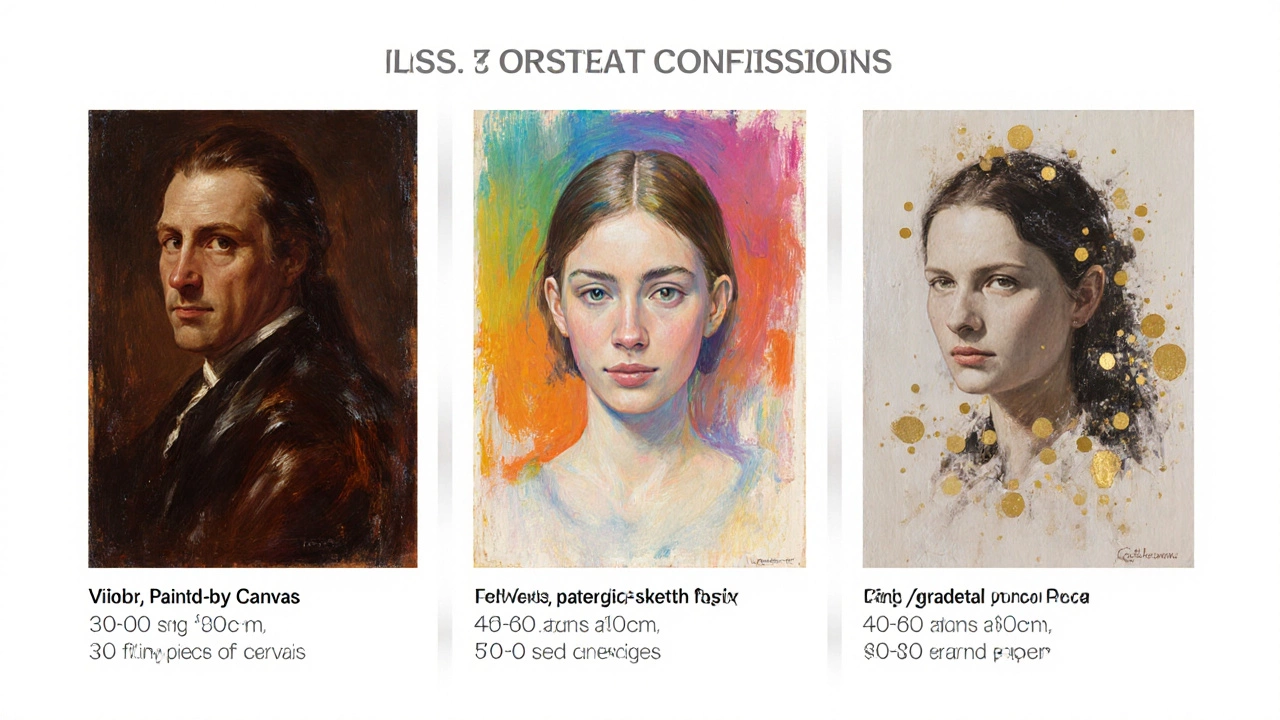 Collage showing oil, acrylic, watercolor, pencil, and mixed‑media portraits with size cues.