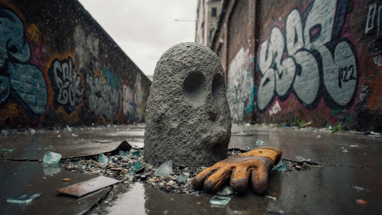 Concrete sculpture embedded with glass and metal scraps rising from a city sidewalk.