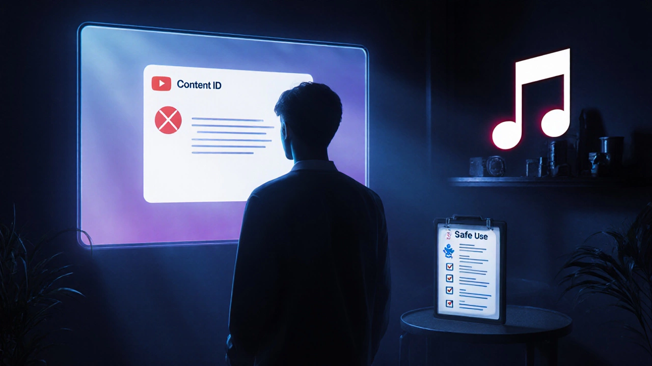 Creator in studio confronting a Content ID claim notice with a strike warning and audio library icons.