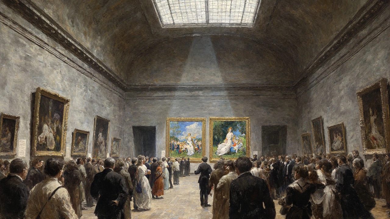 Crowded 1863 Salon des Refusés hall with Manet&#039;s Le Déjeuner sur l&#039;herbe and Olympia highlighted by spotlights.