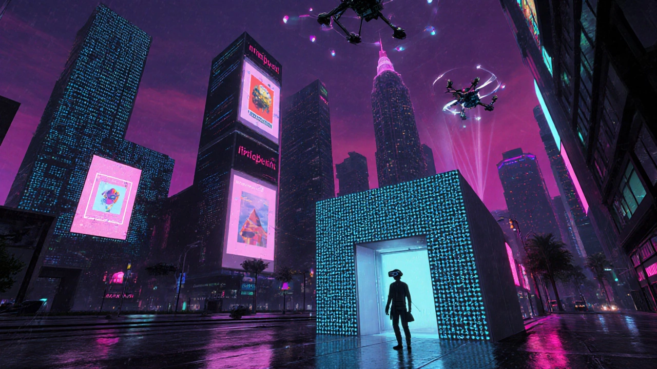 Cyberpunk city with holographic NFTs and a metaverse gallery entrance for a digital artist.