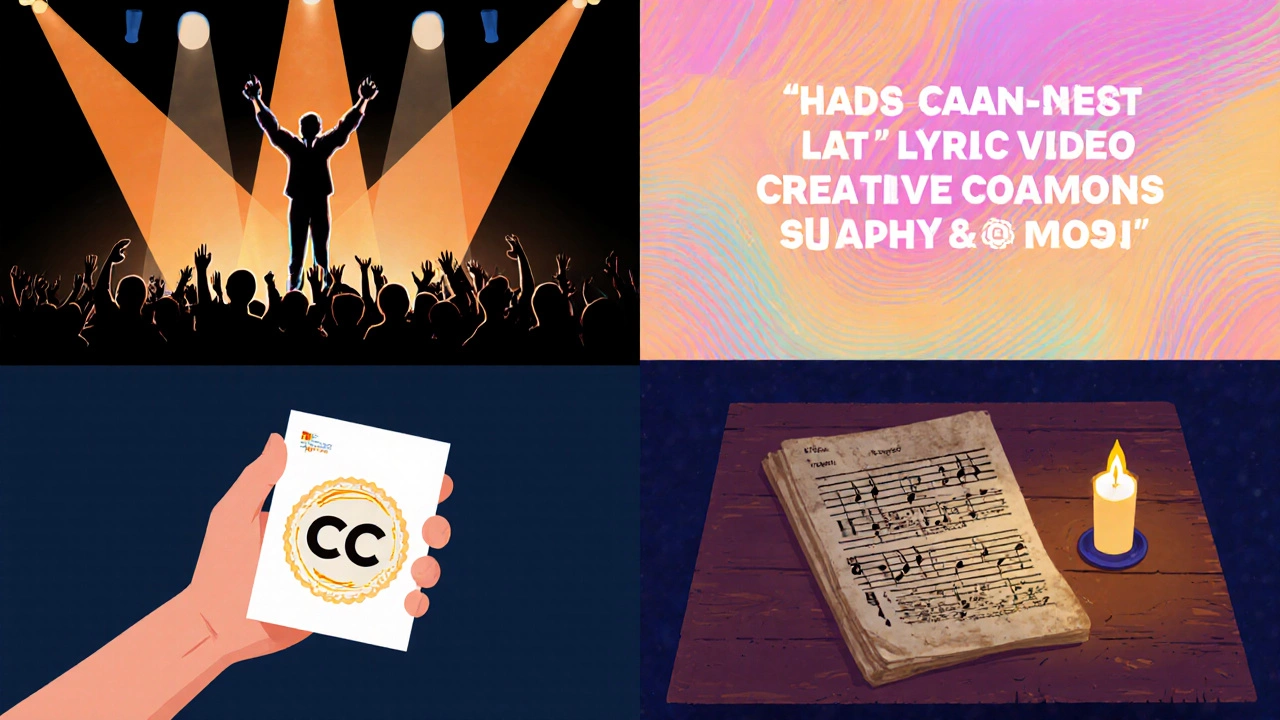 Four-panel illustration showing official video, lyric video, Creative Commons badge, and vintage sheet music.