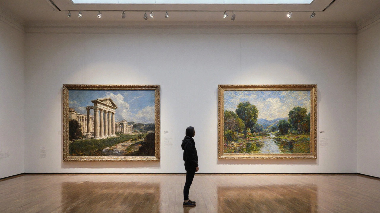 Gallery view of two contrasting landscape paintings, one idealized, one impressionist.