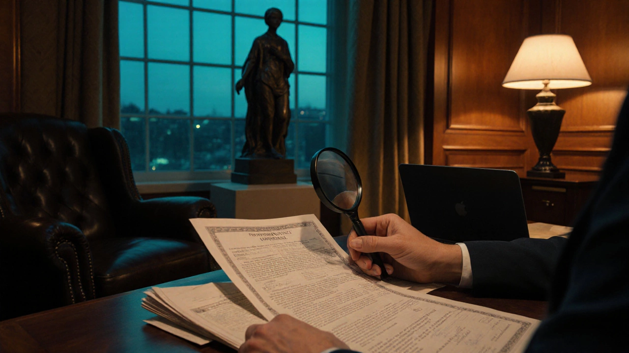 Hand examining provenance papers with a sculpture silhouette in the background.