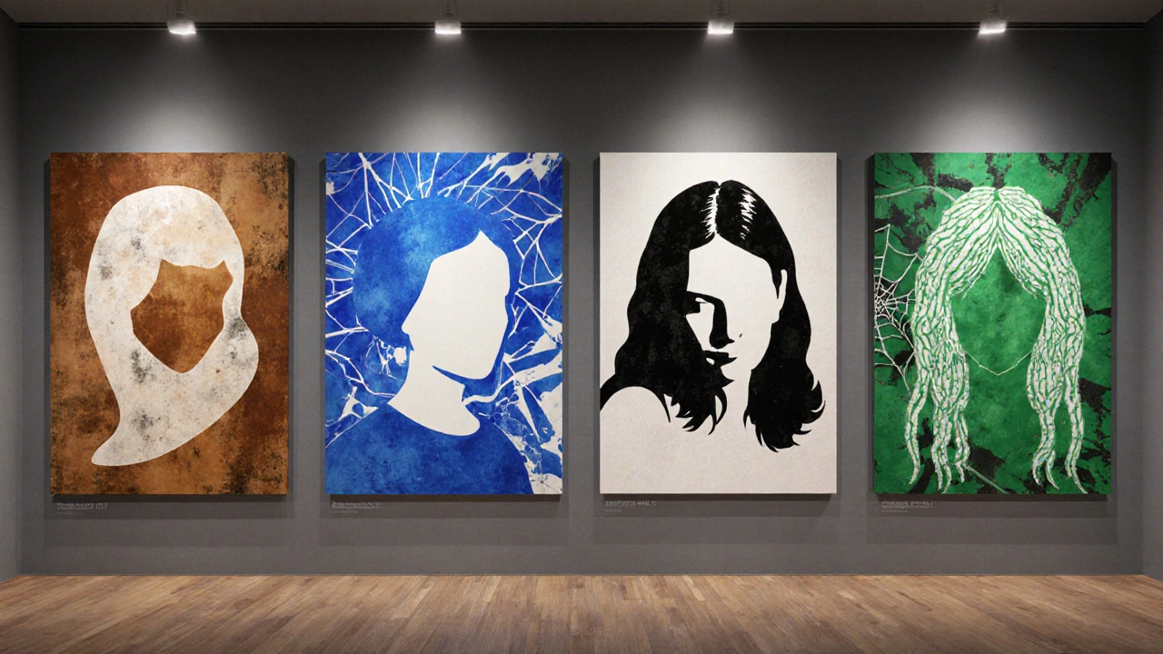 Illustrated collage of notable women sculptors on a museum wall.