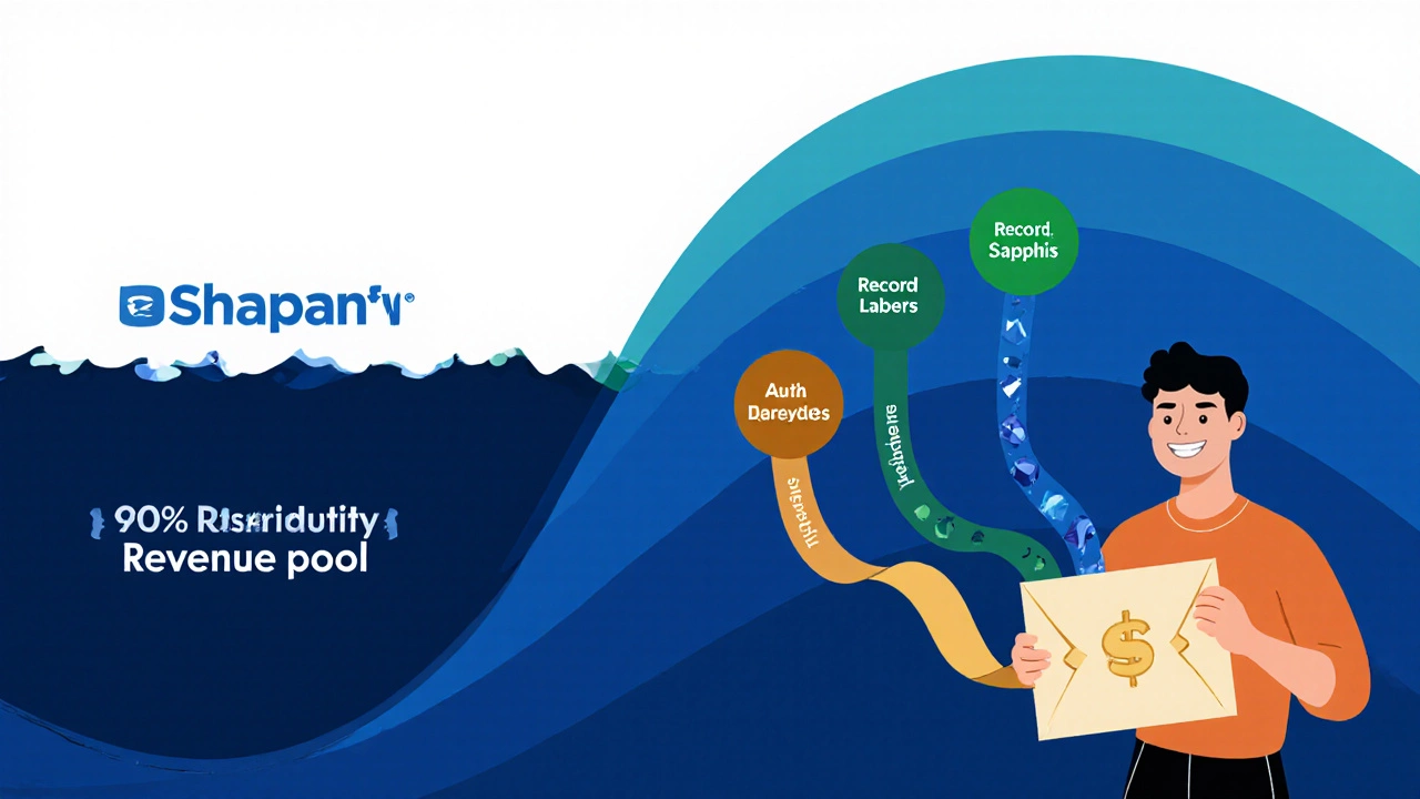 Illustrated flow of Spotify's royalty pool from the service to distributors, labels, and an independent artist.