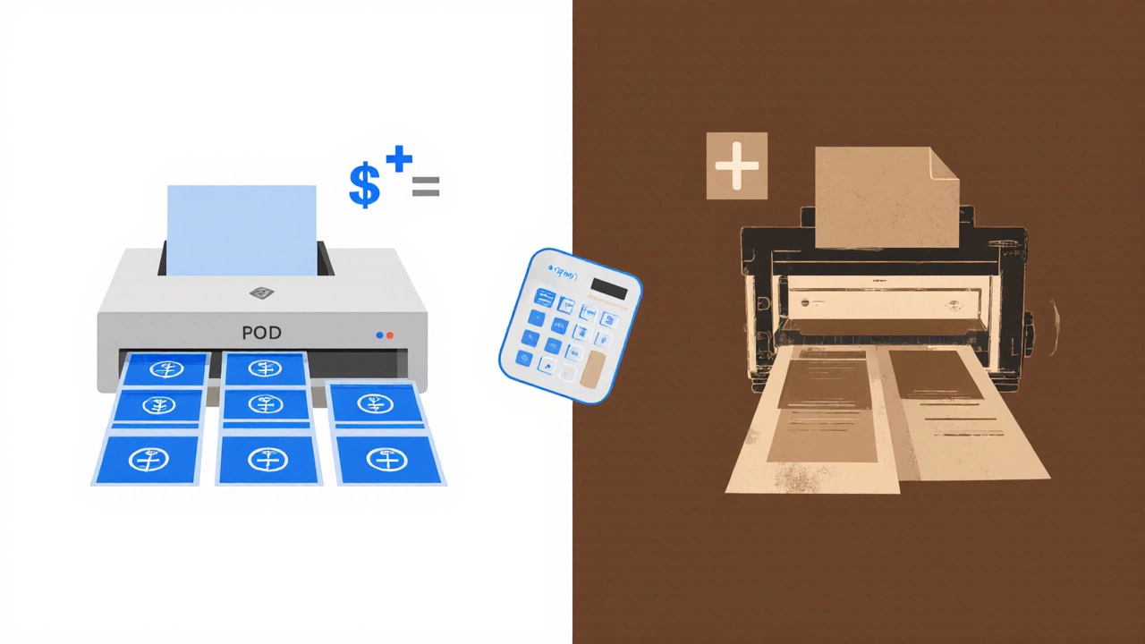 Illustrated split view comparing POD printing on matte paper with giclée printing on archival paper.