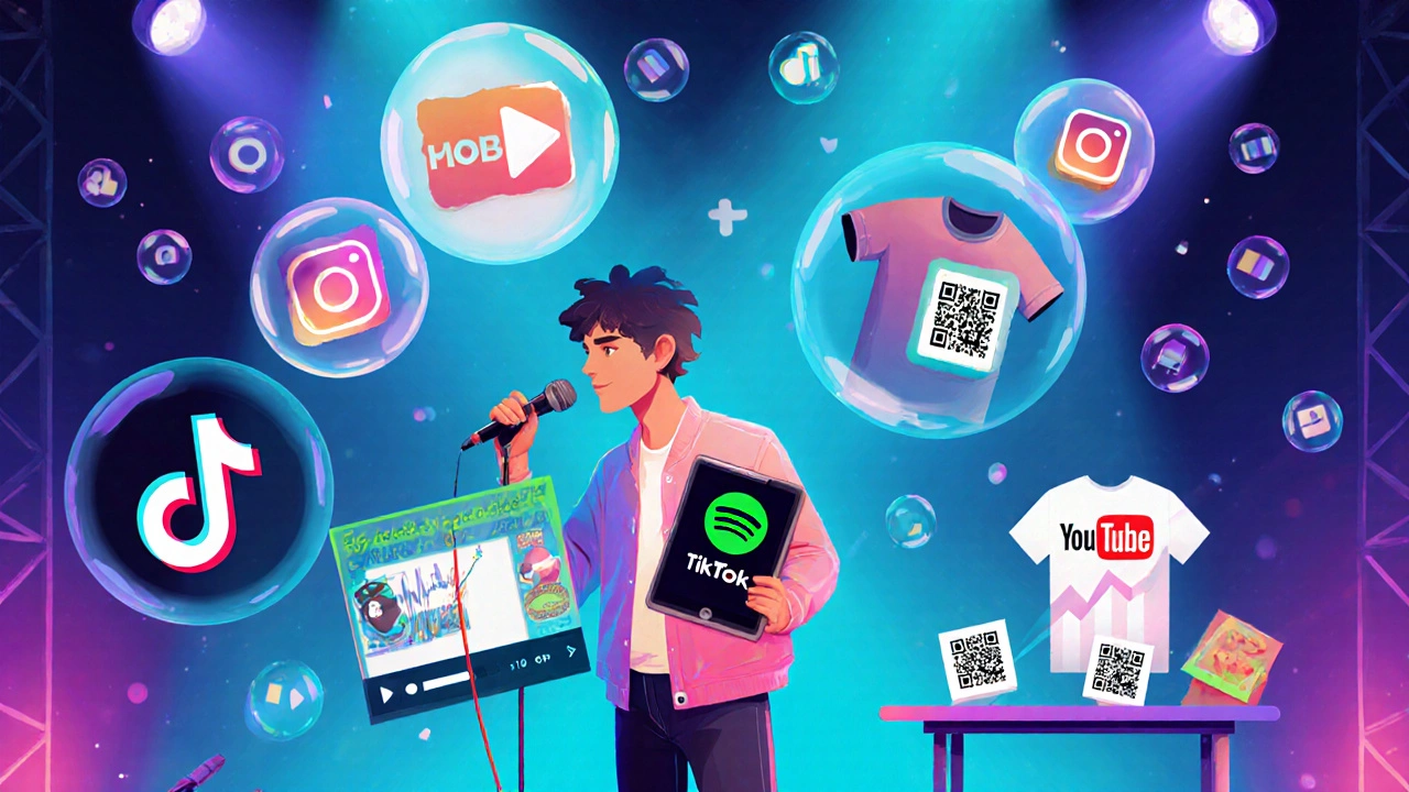 Indie musician promoting music with playlists, social media, and merch to increase streaming income.
