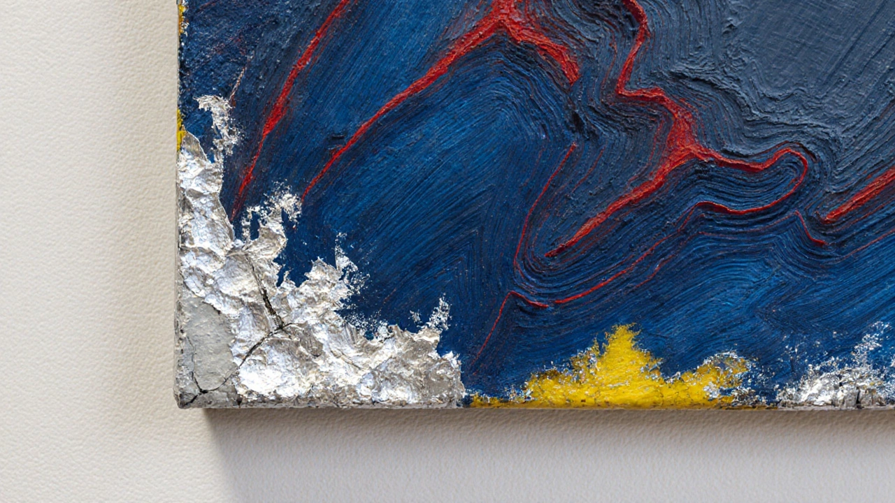 Layered abstract painting showing geological textures of color, scrape marks, and hidden underlayers.