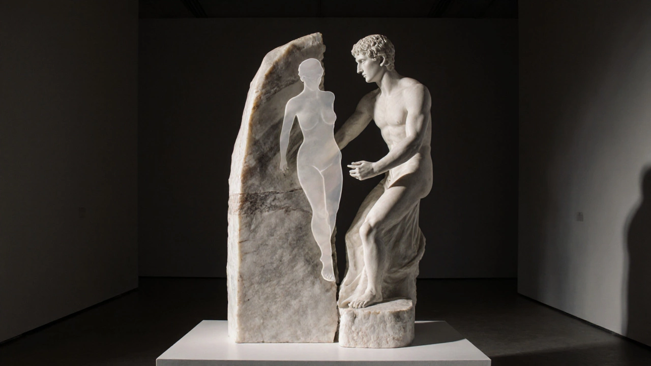 Marble sculpture split, showing gender‑neutral ghostly figures.