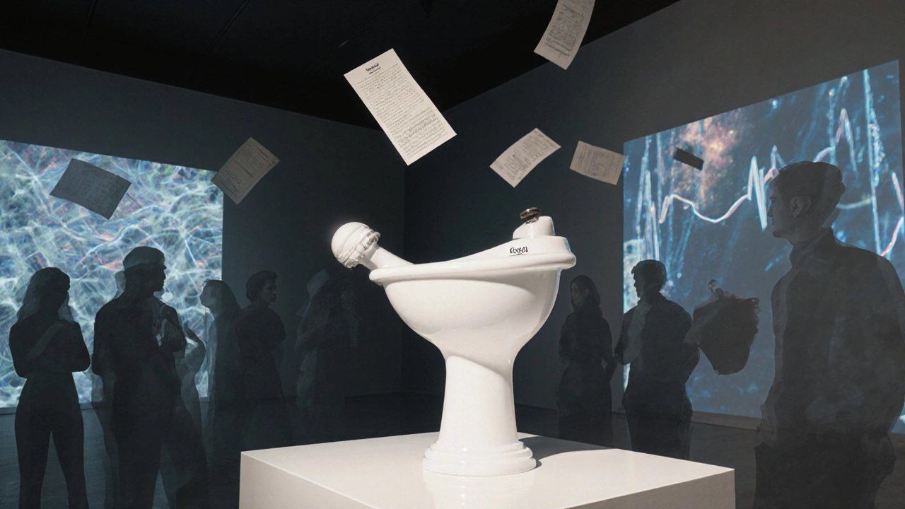 Marcel Duchamp&#039;s urinal &quot;Fountain&quot; displayed in a museum with modern digital projections.