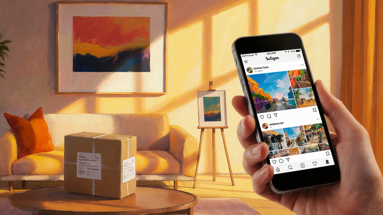 Modern living room scene with a framed art print, shipping parcel, and a phone hinting at Instagram marketing.