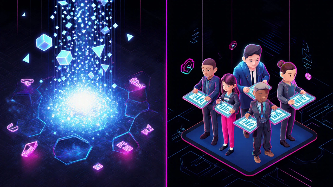 Pak's generative artwork forming a glowing mass surrounded by collectors holding digital tokens.
