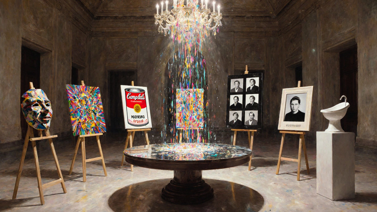 Round museum table featuring symbolic representations of Picasso, Pollock, Warhol, Sherman, and Duchamp.