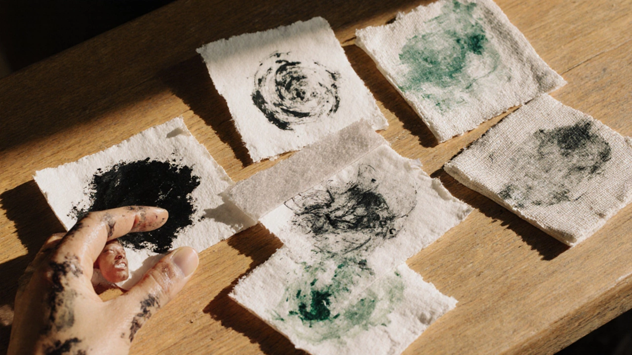 Seven small abstract studies arranged on a wooden table, each with unique textures and minimal color.