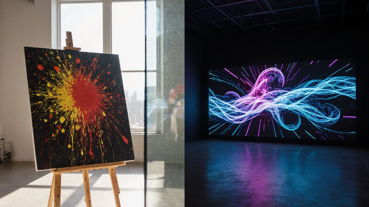 Side-by-side view of a 1950s drip painting and a contemporary data-driven projection installation.