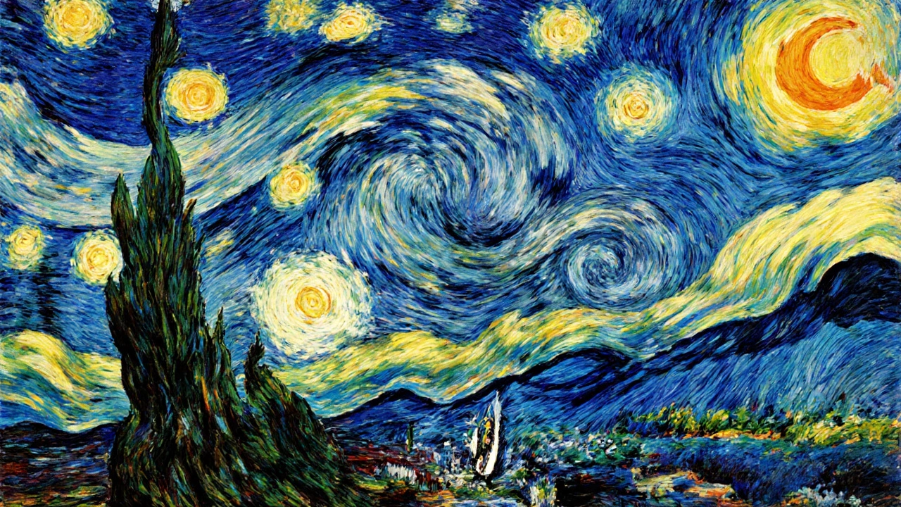 Swirling blue and yellow cypress trees under a starry night, painted with thick, emotional brushstrokes.