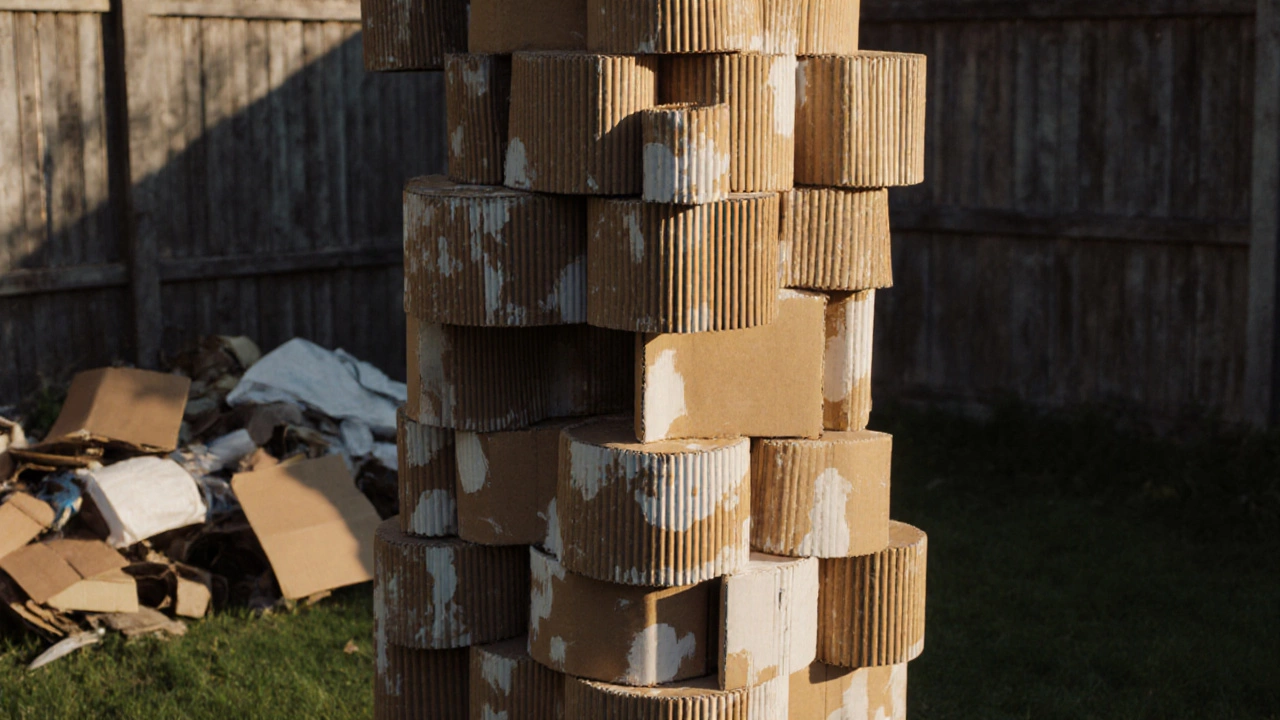 Tall cardboard sculpture in a backyard made from recycled boxes and tubes.