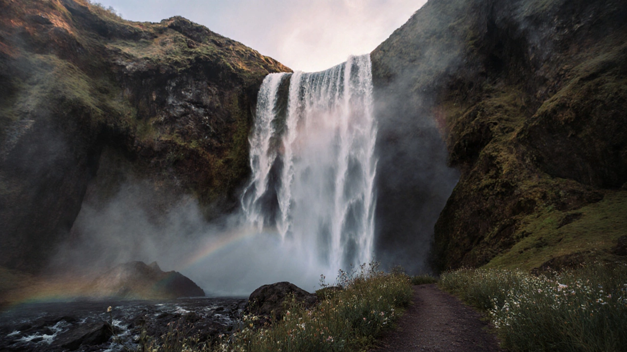 Tall vertical shot of a waterfall descending a cliff with a lush foreground.