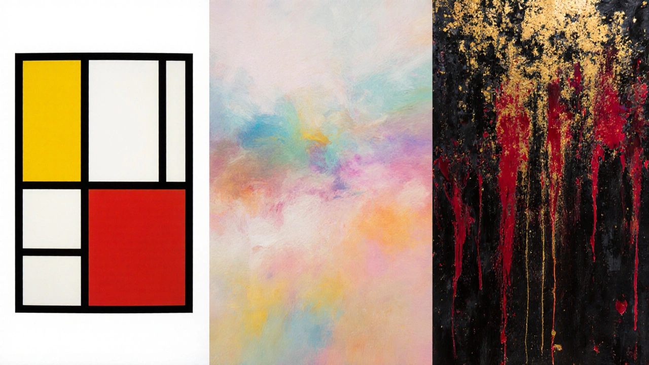 Three-panel split view: geometric grid, soft pastel washes, and energetic drip painting.