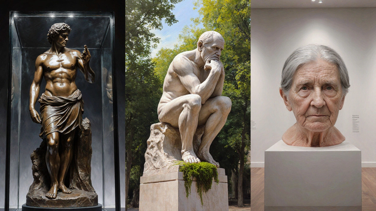 Three realistic sculptures: bronze Hermes, marble Thinker, hyperrealistic silicone figure.