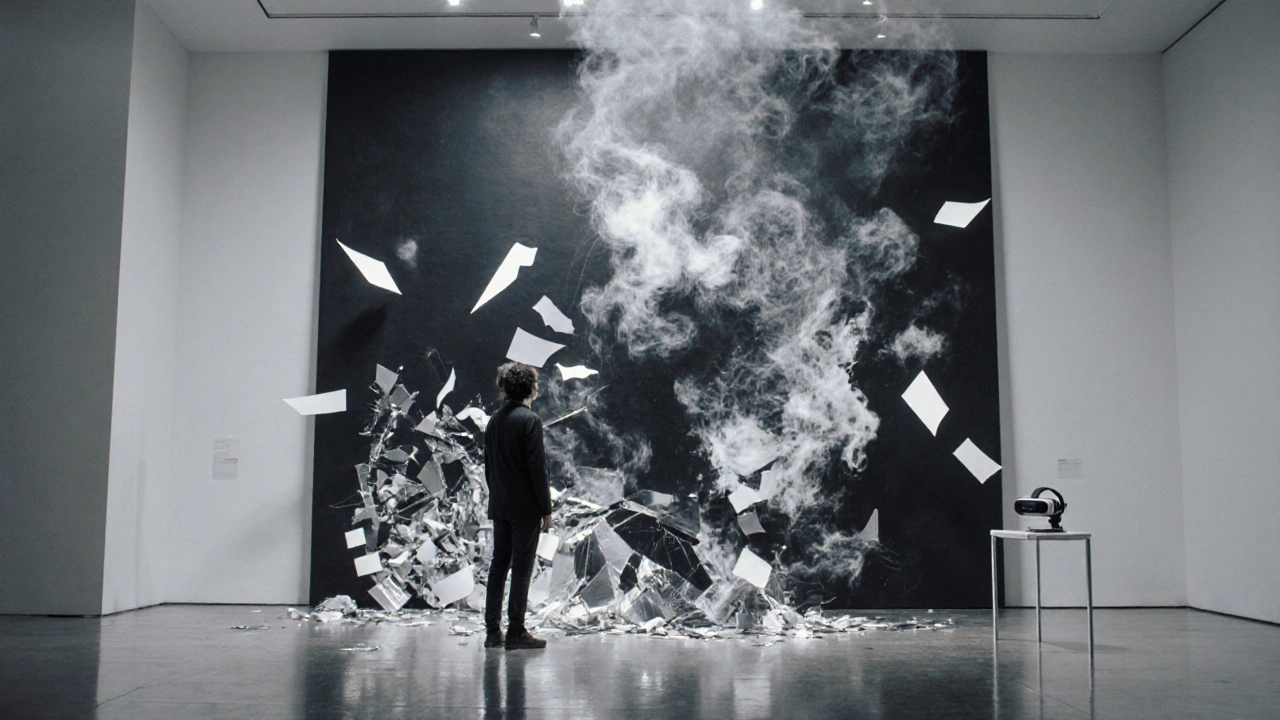 Visitor in a gallery viewing a large abstract installation echoing Guernica.