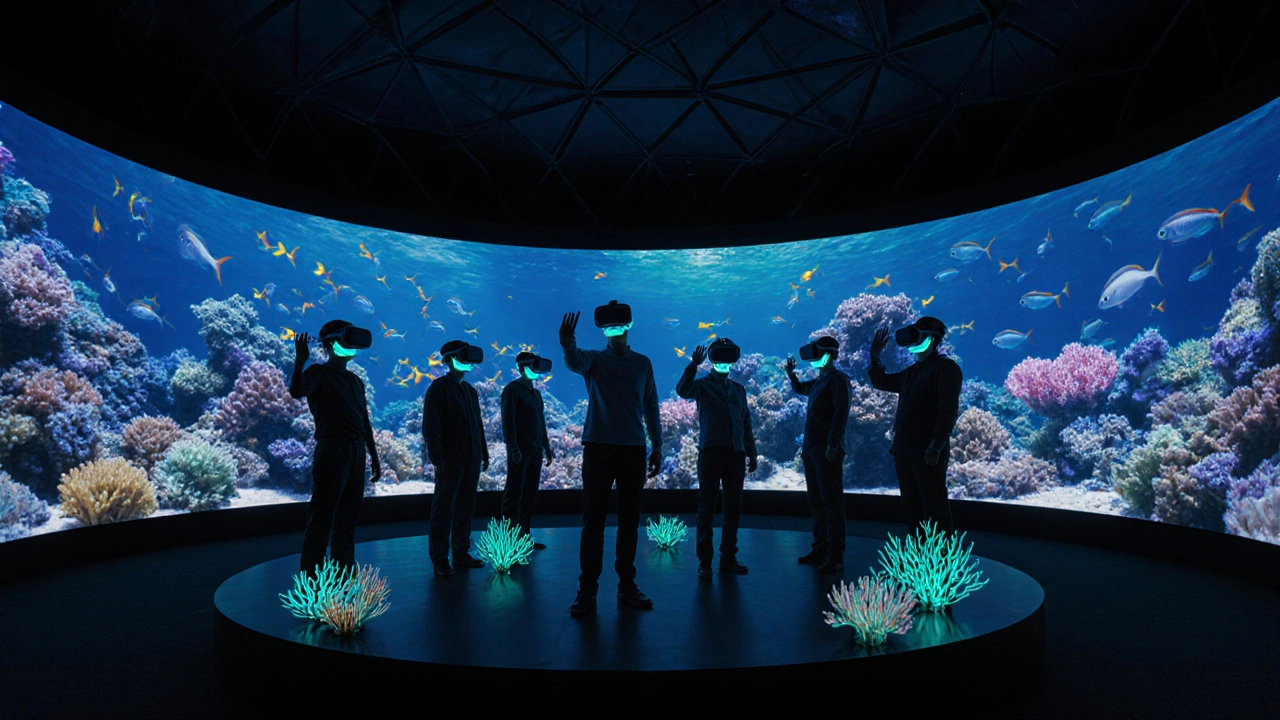 VR installation where viewers interact with a glowing, breathing coral reef.