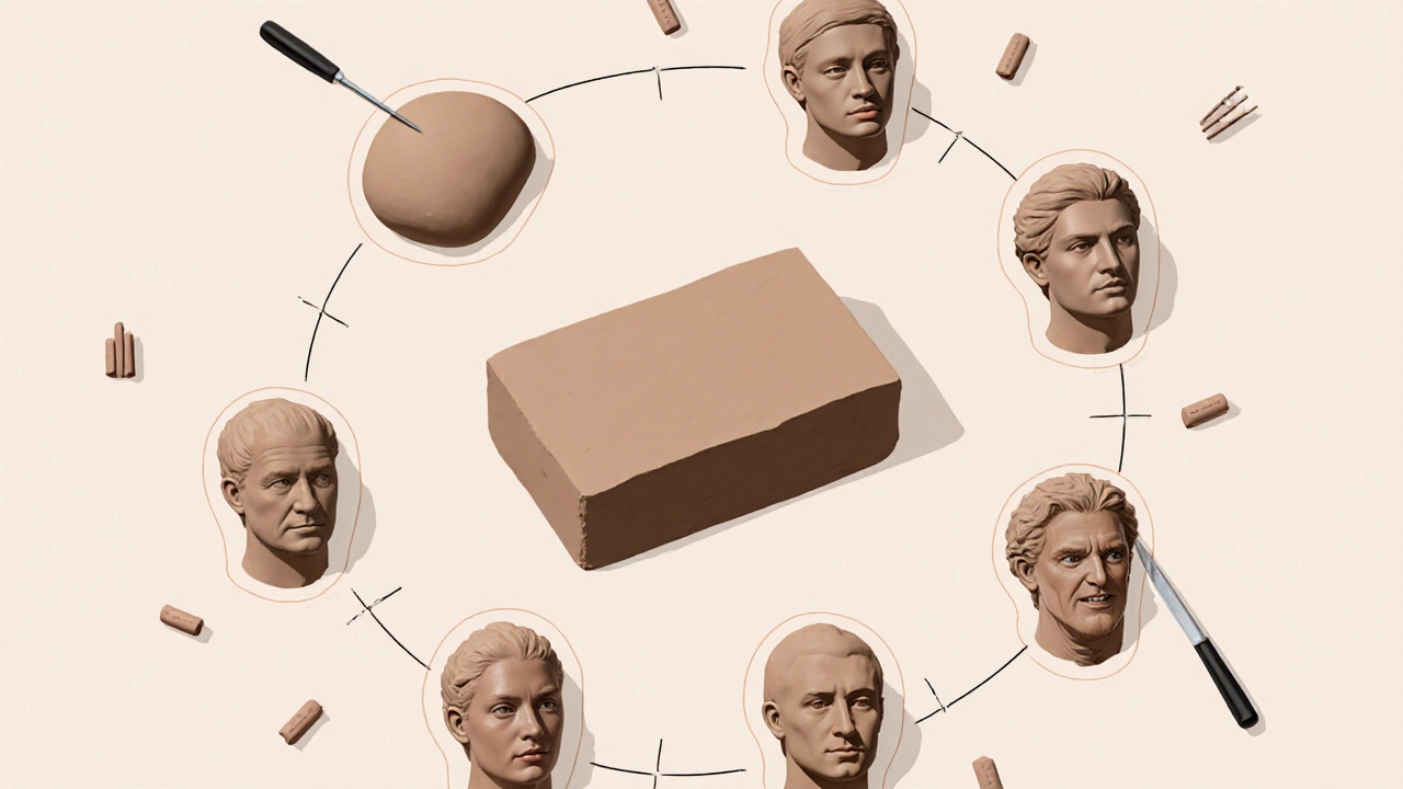 A clay block at the center with fading outlines of sculpted heads radiating outward.