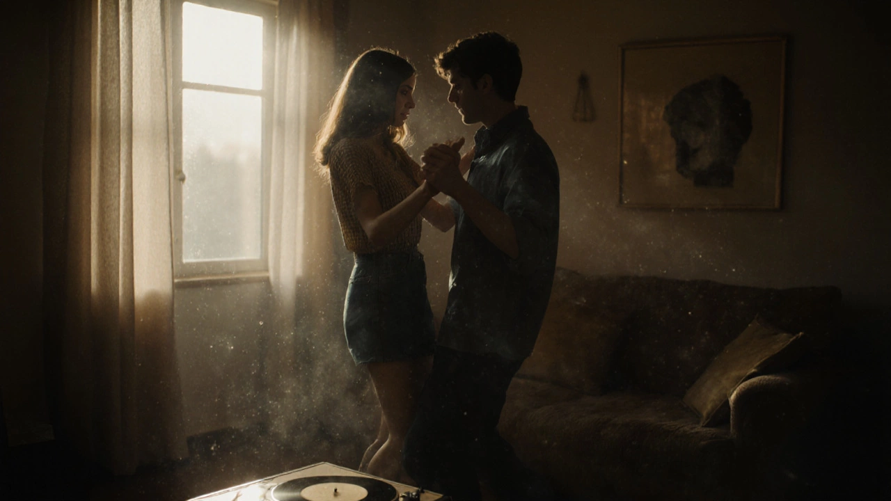 A couple slow-dancing in a living room at dawn, vinyl record playing &#039;Sweet Child O&#039; Mine&#039;.