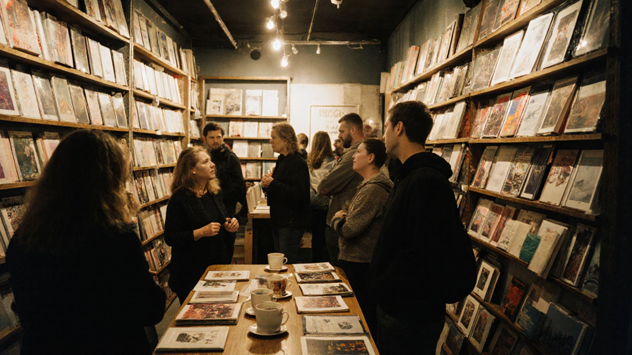 A cozy cooperative gallery in Wellington where artists and visitors share coffee and prints.