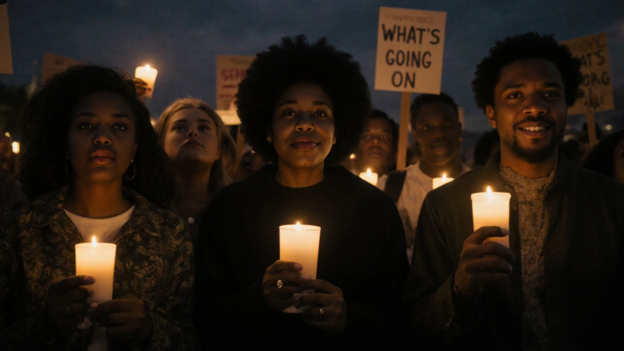 A diverse crowd holding candles at night, as if hearing &#039;What&#039;s Going On&#039; in the air.