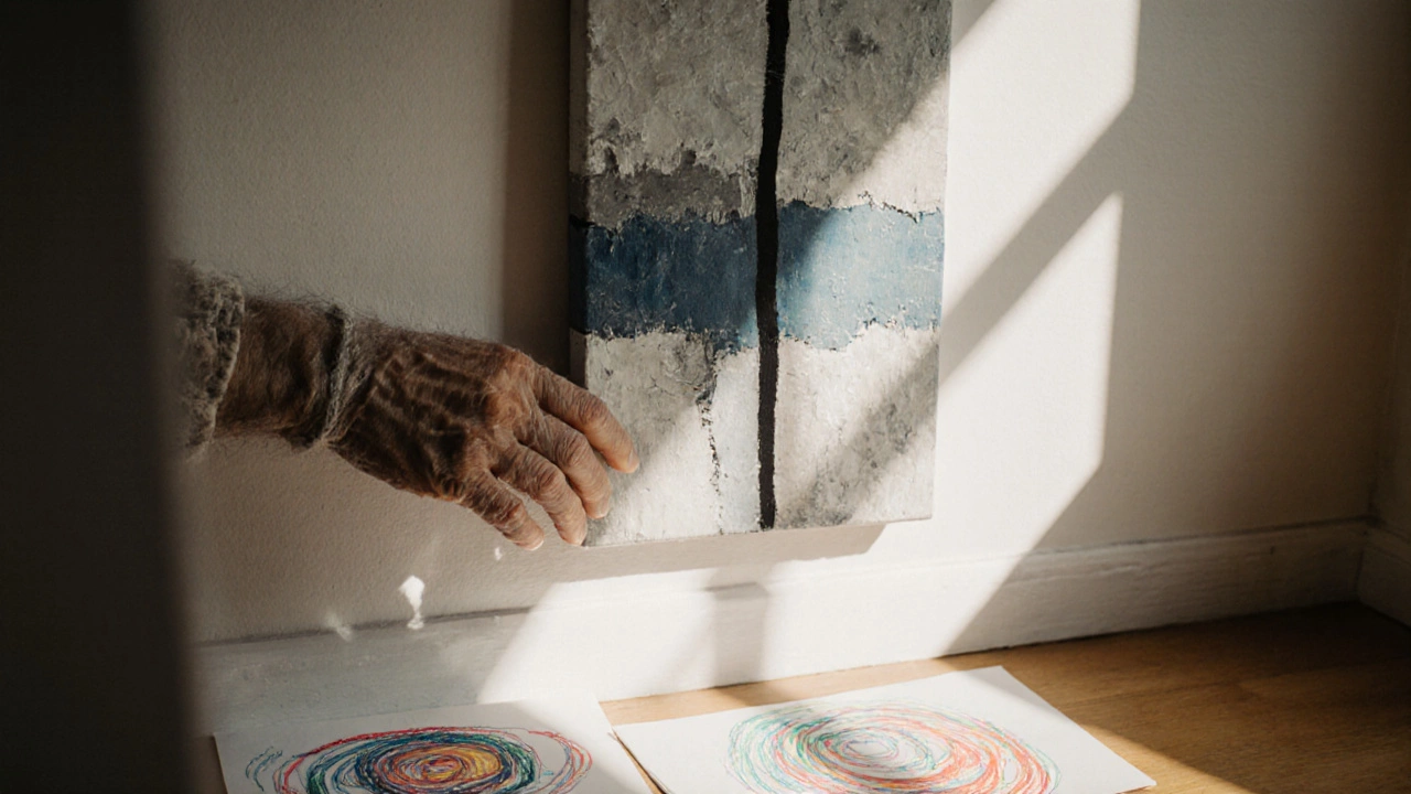A hand touching a small abstract artwork on a wall, with morning light and a child’s drawing nearby.