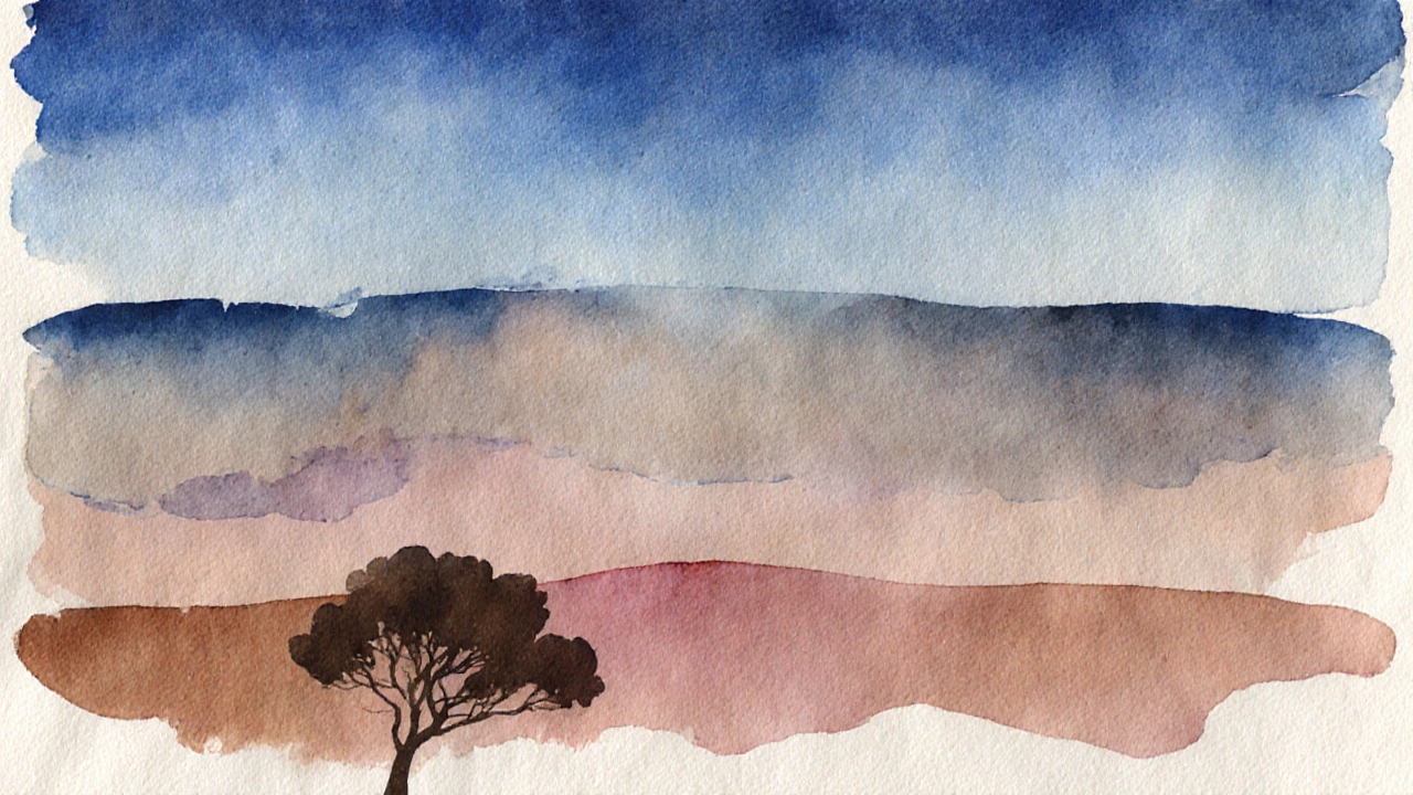A luminous watercolor landscape with three distinct transparent layers forming depth in sky and tree.
