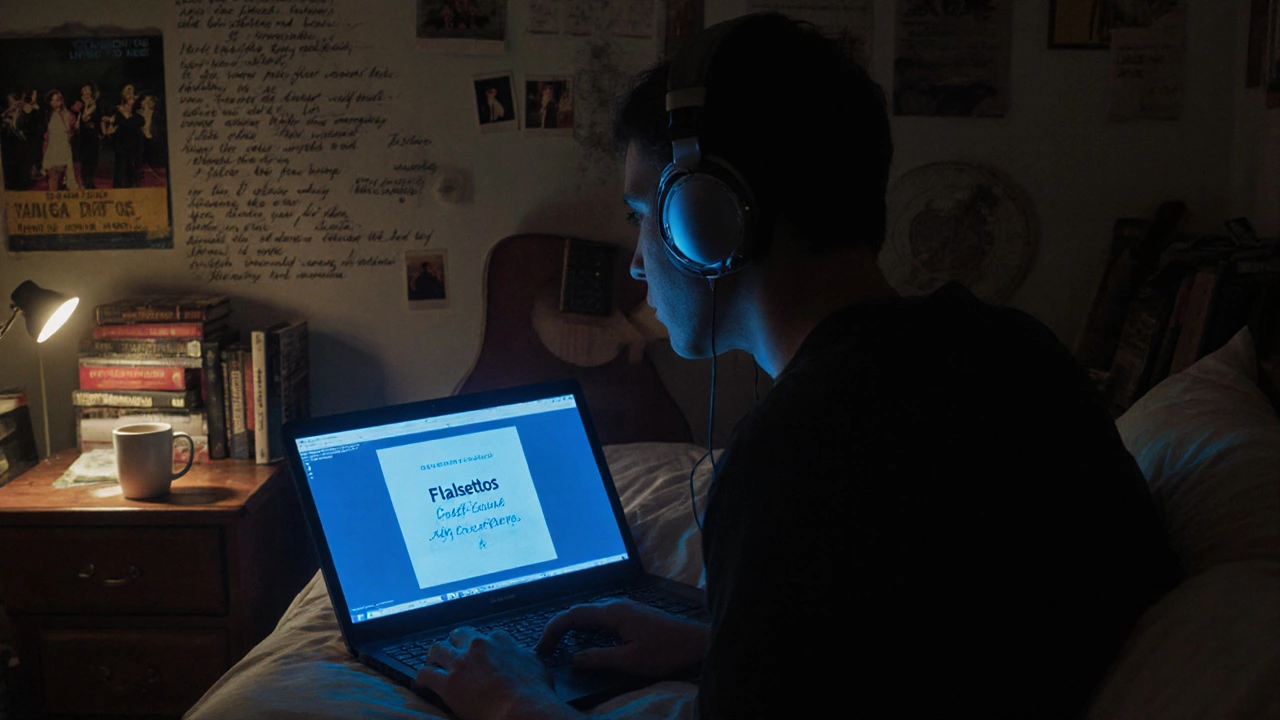 A person listens to Falsettos on headphones in a cozy room filled with handwritten lyrics and theater photos.