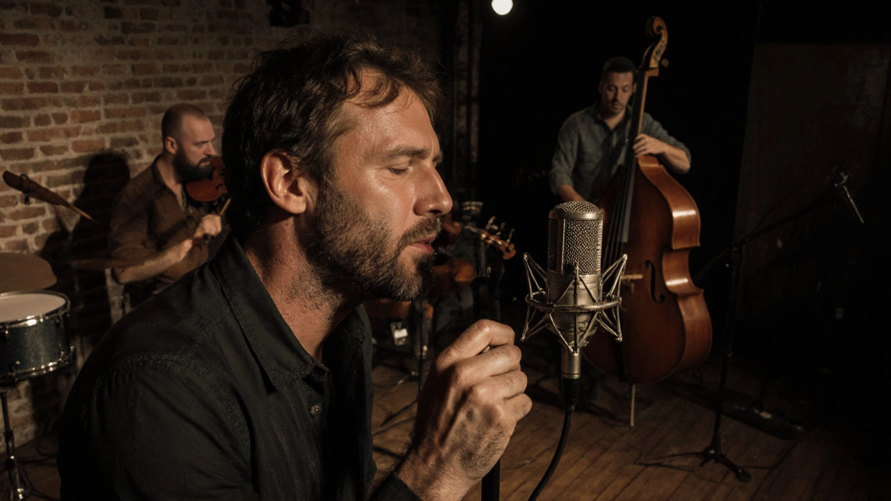 A singer performs Hades&#039; ballad under a spotlight with live musicians playing acoustic instruments behind him.