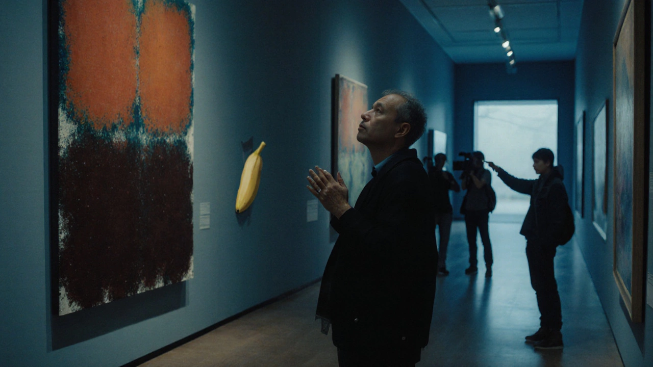 A visitor moved by a Rothko painting while tourists laugh at a duct-taped banana.
