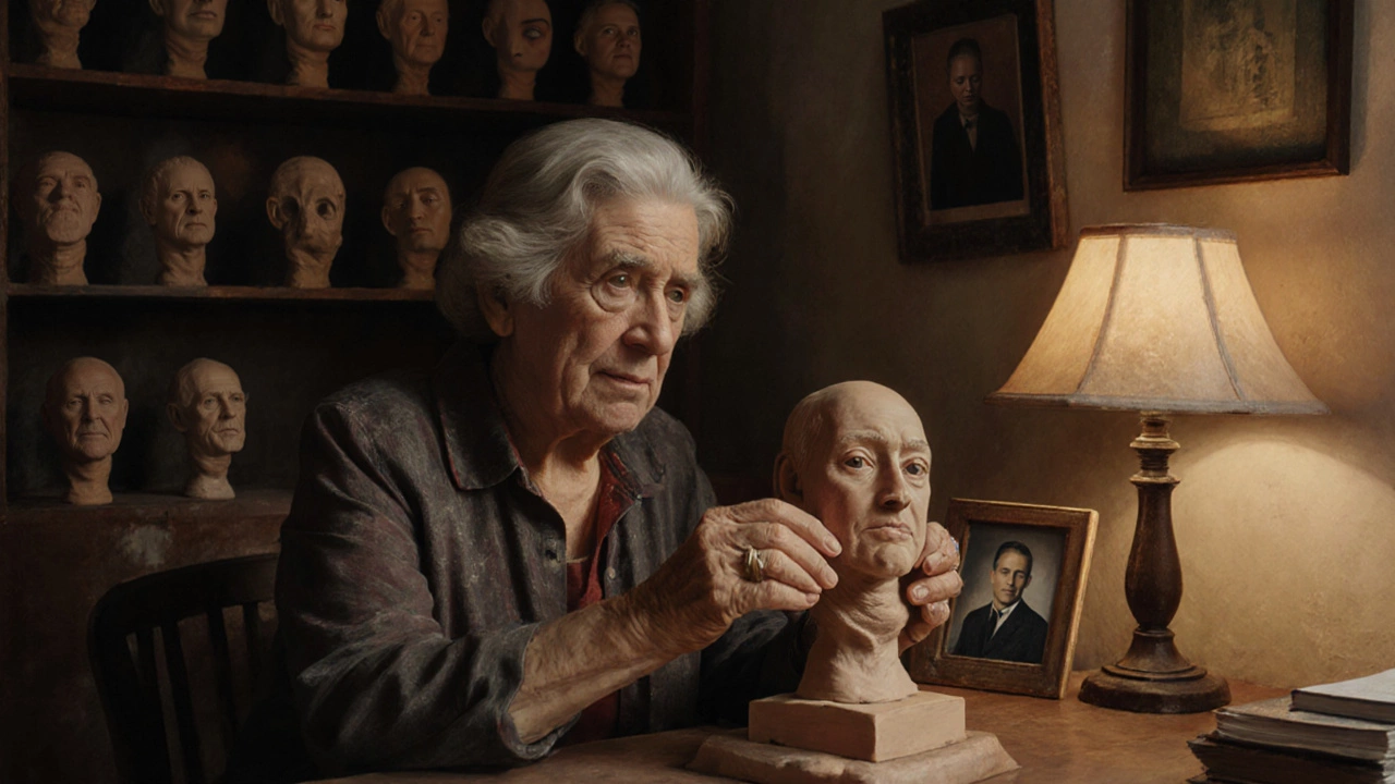 An elderly woman holding a clay bust, surrounded by other small sculptures.