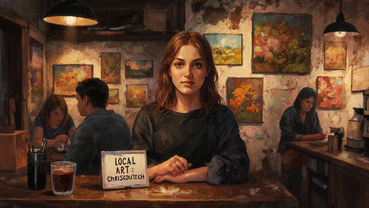 An emerging artist&#039;s paintings displayed in a cozy coffee shop pop-up gallery.