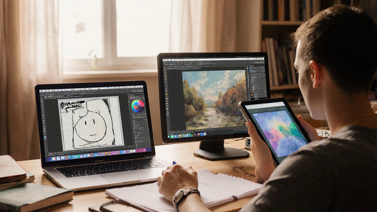Artist using Krita across multiple devices to create manga, oil painting, and animation