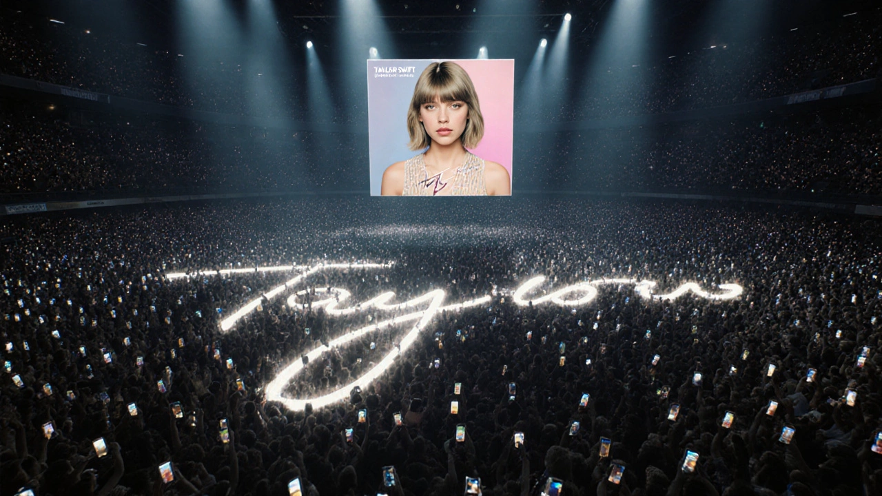 Concert crowd with phone lights forming Taylor Swift’s signature under a holographic album.